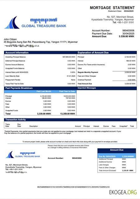 Modèle Word et PDF de relevé hypothécaire de la Myanmar Global Treasure Bank